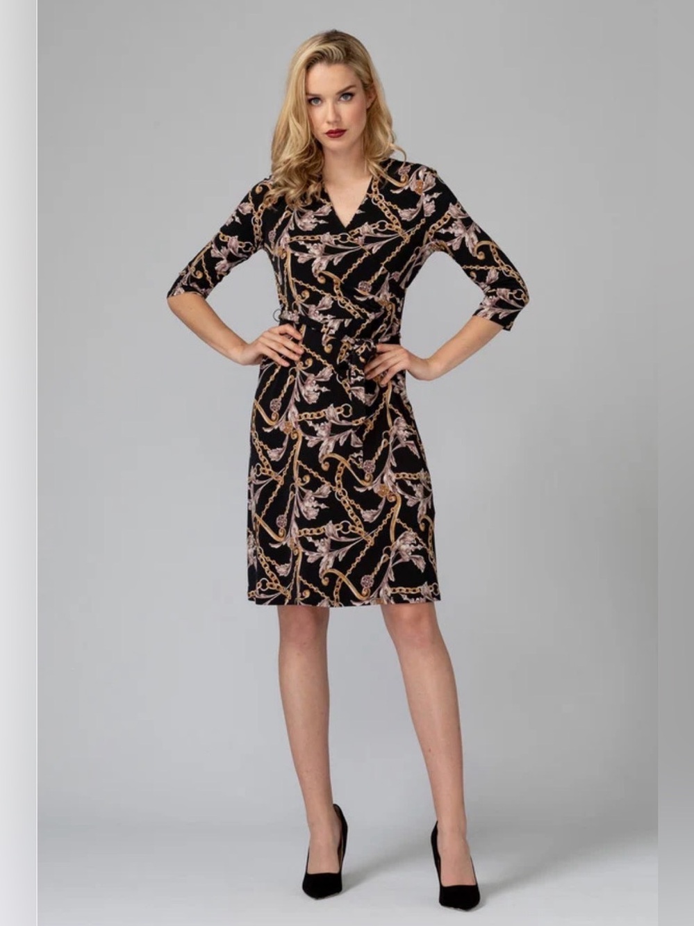 Joseph Ribkoff Filigree Chain Swing Dress XL Black Gold Baroque Print Pockets